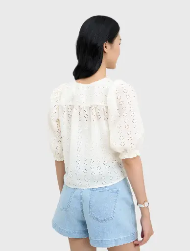 Áo kiểu nữ phom regular tay lửng phồng nhẹ có dây rút eo 